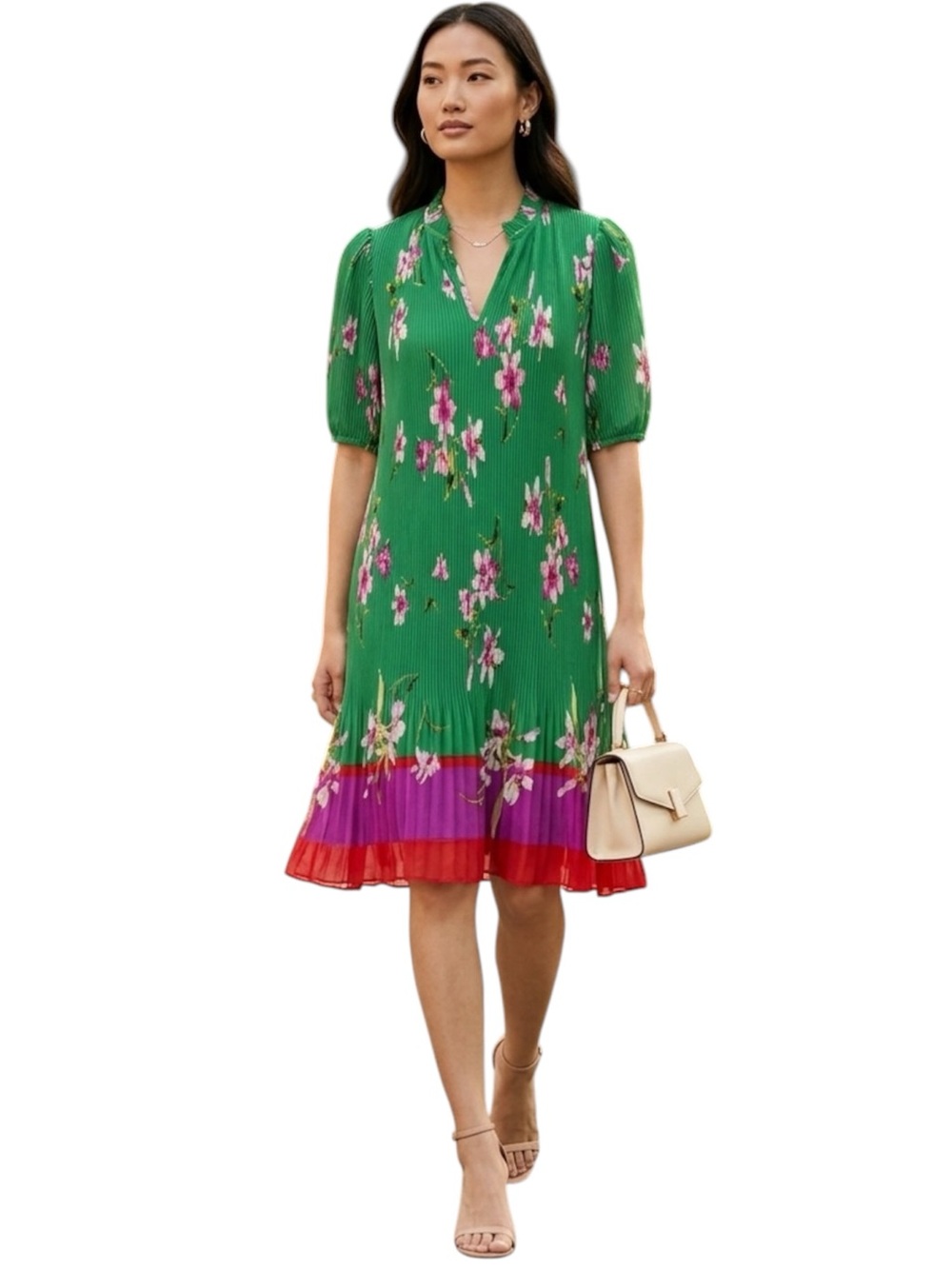 DKNY Green Floral V-Neck Pleated Midi Dress with Purple and Red Hem Size 6